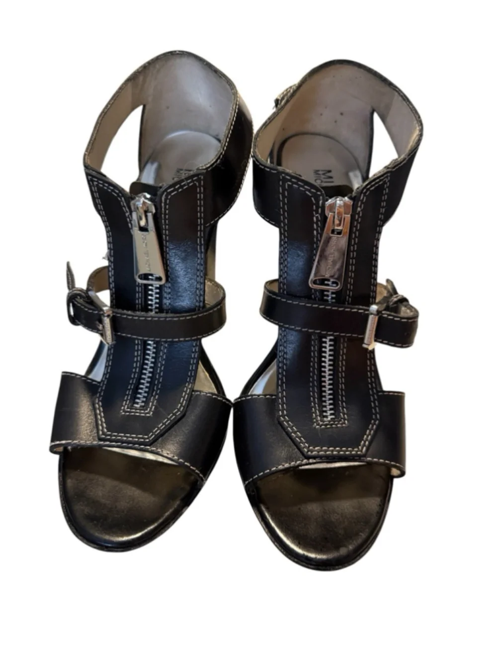Michael Kors Black Leather Platform Sandals Zip Buckle High Heel Womens Size 8.5